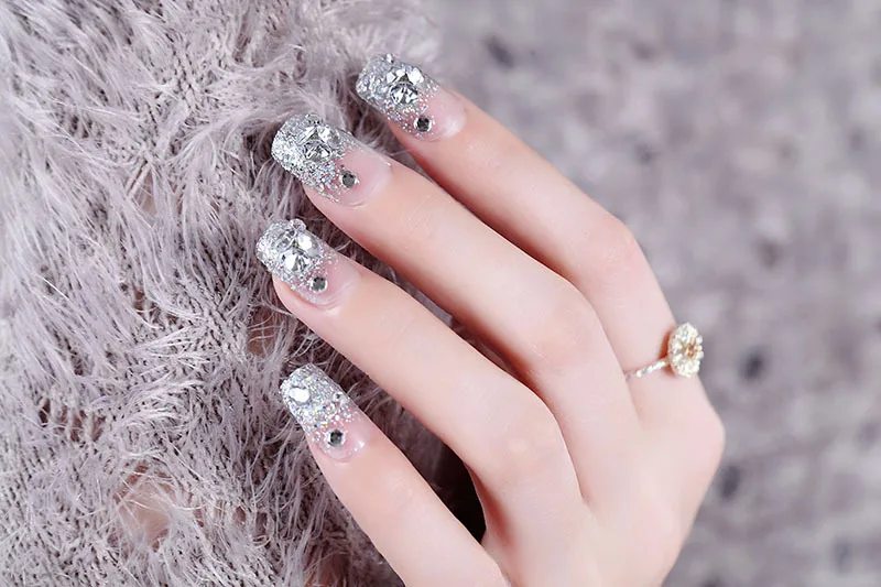 

Silver Shimmering Powder Rhinestone Square Head Bride Photo Shoot Nail Tips Wear Fake Nails 24 PCs Boxed 37