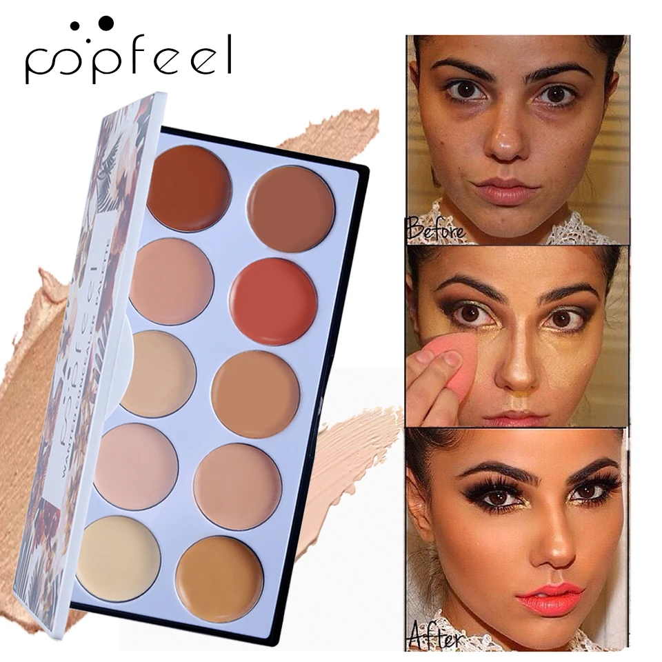 POPFEEL, 10 цветов, стойкий консилер для лица, палитра+ кисть, полное покрытие, акне, красная кровь, водостойкая, основа, Праймер, набор для макияжа