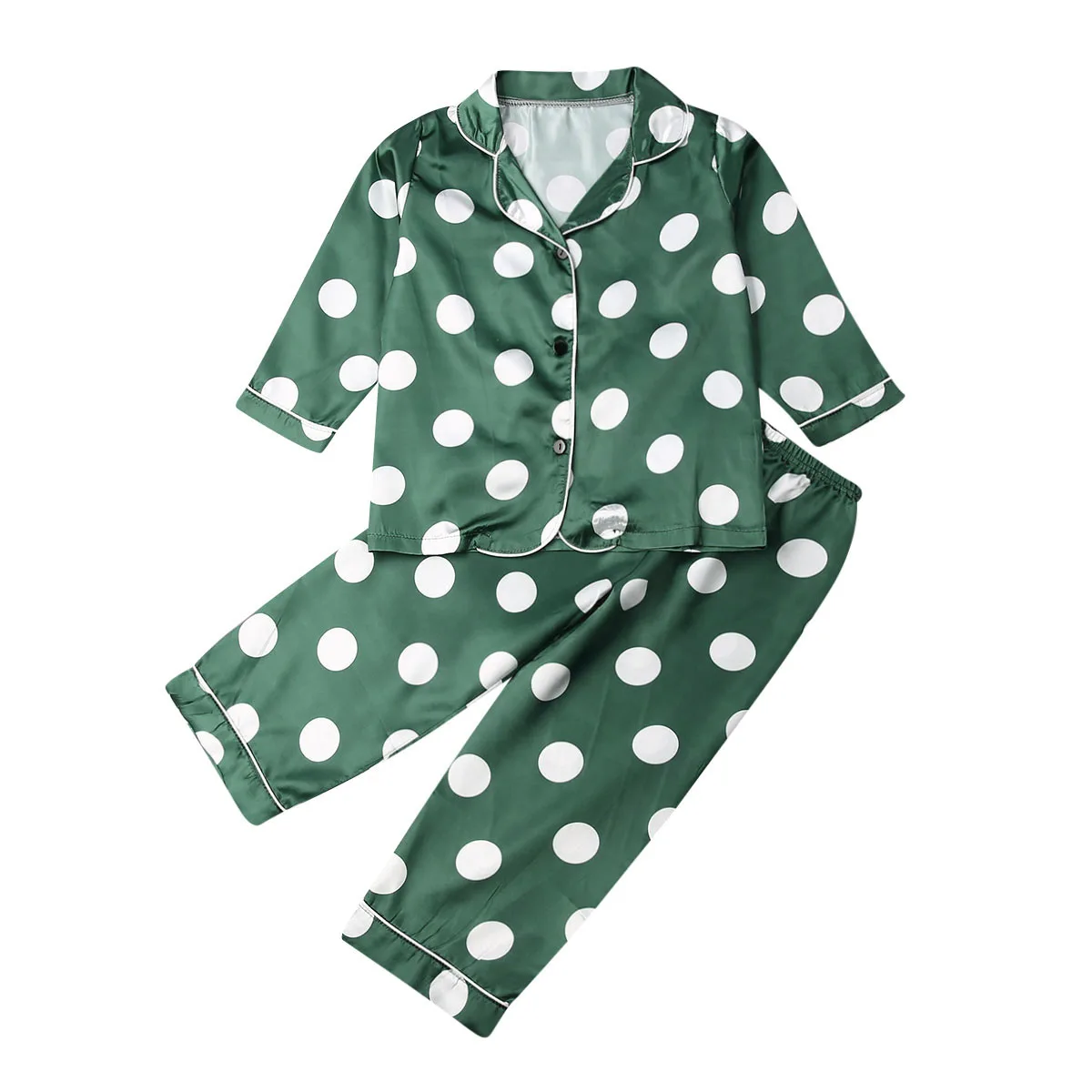 Dots Printing Green Коллекция года, весенне-осенняя одежда для малышей Комплект из 2 предметов, пижама из шелкового атласа для маленьких мальчиков и девочек, одежда для сна с длинными рукавами одежда для сна, От 1 до 7 лет - Цвет: Dots Printing Green