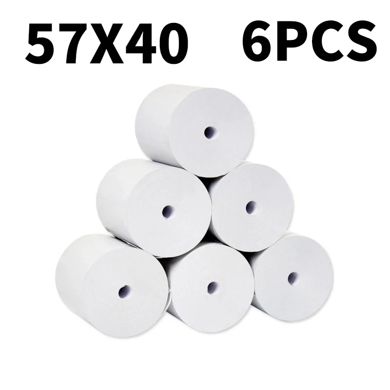 Papel térmico de 57x40mm, sin núcleo, 6 rollos, móvil, superlargo, bluetooth, rollo de papel para registradora