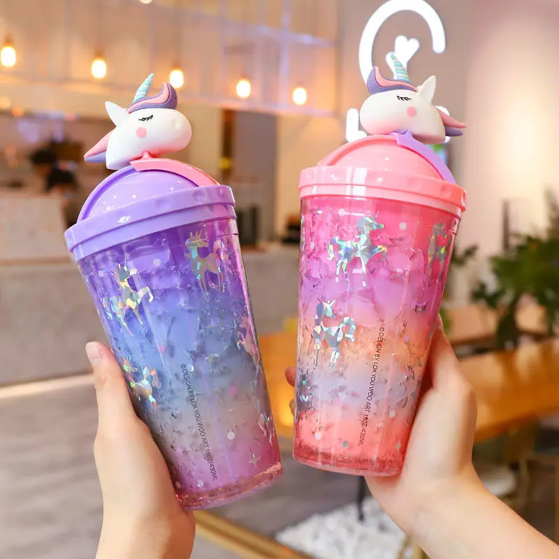 

430ml Unicorn Cartoon Coffee Cup with Straw Creative Thermal Double Wall Plastic Cup Mug Portable Leakproof Water Bottle