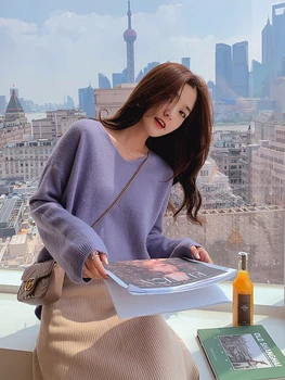 

V-neck loose sweater women Korean lazy all match pullover long sleeve knitted sweaters modis solid tops 2019 autumn and winter