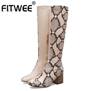 

FITWEE Plus Size 32-48 Women Knee Boots Fashion Plush Fur Warm Winter Shoes Women Zipper High Heel Long Boot Snake Footwear