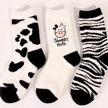 

4 Pairs Lovely Black White Pattern Socks Cow Print Socks Mid-calf Length Sock
