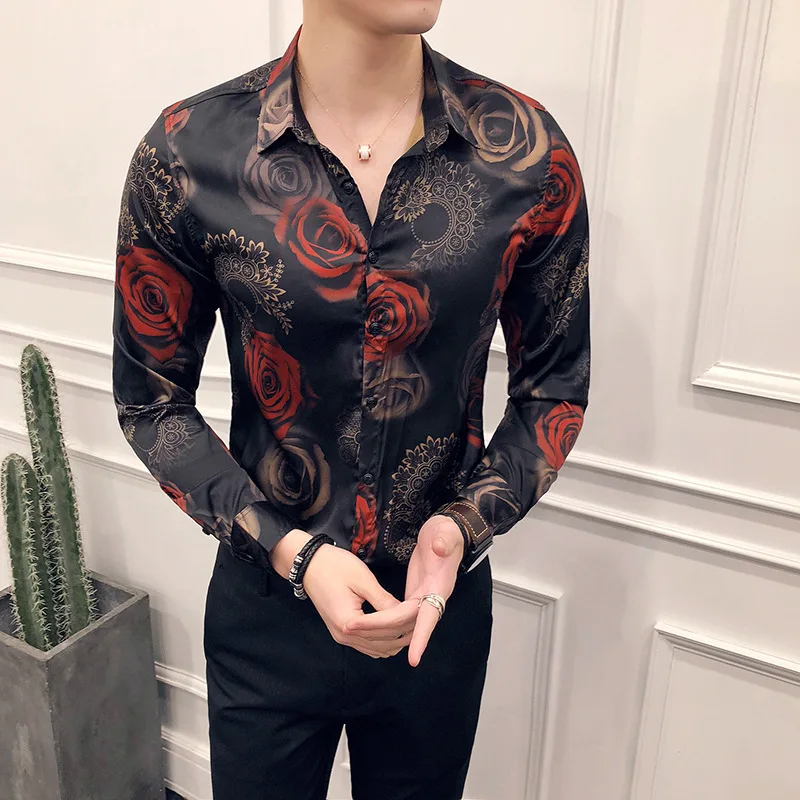 

Fashion men shirt Floral Print Slim Fit Shirts Men's Long Sleeve Casual Dress Shirts Breathable camisa masculina