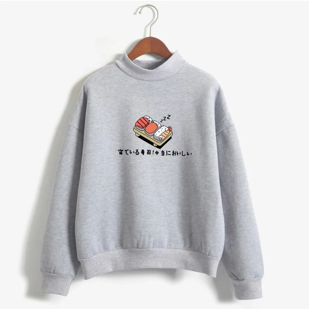 JAYCOSIN Fashion Women Casual Simple Sushi Printed Hooded Loose Sweatshirt Comfortable Soft Sweet Cute Pullover Top Blouse
