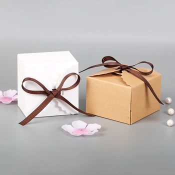 

10pcs DIY Wedding Favor Gift Box, Small Single Cake Box Packaging With Ribbon Vintage Retro White/Kraft Mini Kraft Paper Box