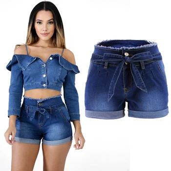 

Summer Women Short Jeans Bow Female Casual Jeans Flanged Shorts Belt Women Tassel Slim High-Waist Jeans for women S-XXL