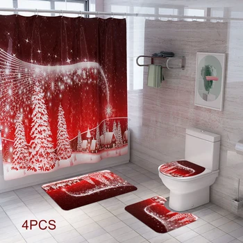 

4Pcs Christmas Bath Mat WC Toilet Seat Cover Shower Curtain Set Toilet Mat Toilette Indoor Decoration Christmas Bathroom Decora