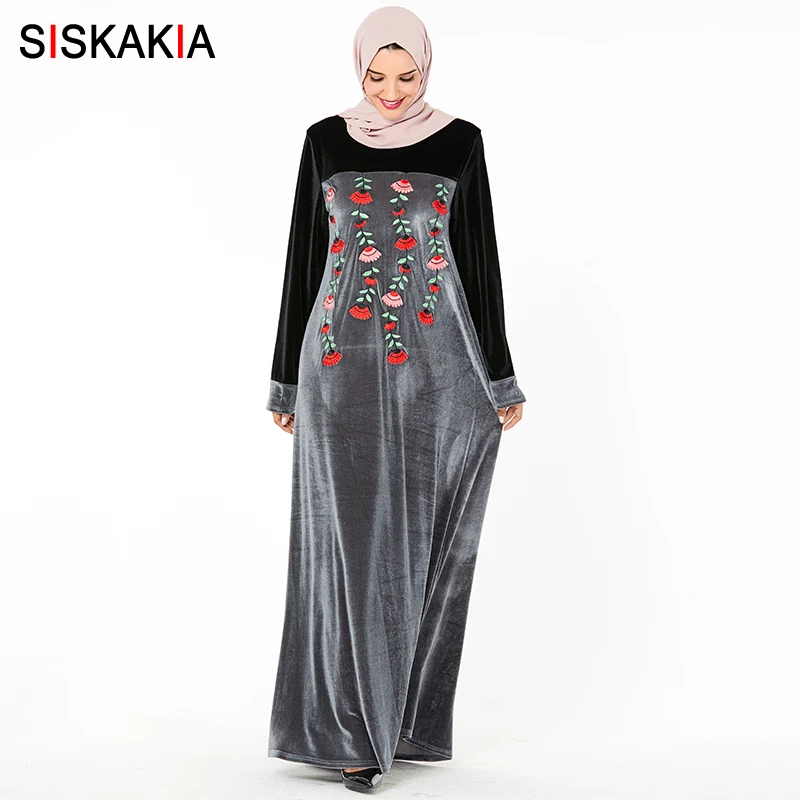 Siskakia мусульманское длинное платье вельветовое с цветочной вышивкой макси платья модные серые черные популярные цвета Лоскутная Арабская одежда размера плюс