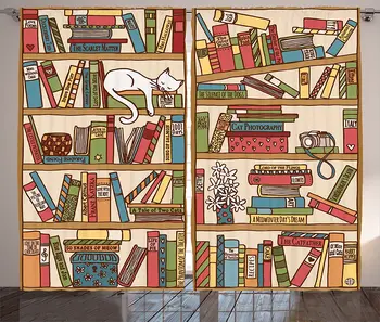 

Cat Curtains Nerd Book Lover Kitty Sleeping Over Bookshelf Library Academics Boho Living Room Bedroom Window Drapes Home Decor