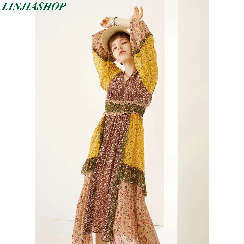 

French bohemian autumn dress women patchwork silk-imitation fabric irregular print midi dress vocation clothes drop shipping