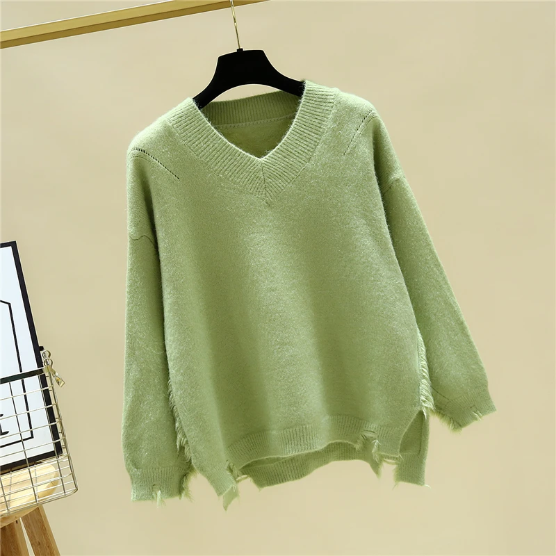 Корейский вариант свободного свитера Женский пуловер Повседневный v-образный вырез с длинными рукавами кисточка отверстие вязаное платье с рукавами летучая мышь голова