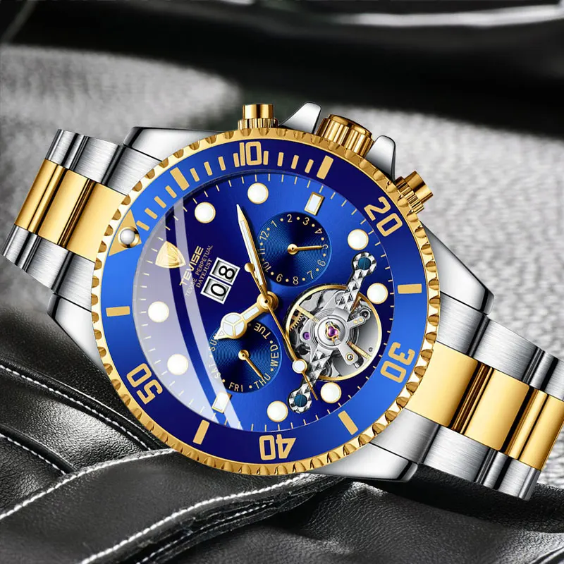 

Luxury TEVISE Brand Men Watch Automatico Tourbillon Automatic Mechanical Wristwatches Full Stainless Steel Clock Self-Wind Gift