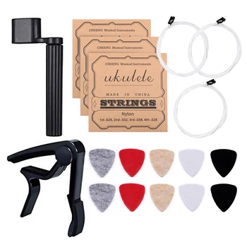 

Guitar Tool Kit 10pcs Soft Felt Ukulele Random Picks Strings Clip-on Capo String Winder for 21/23/26 Inch Ukulele Guitar