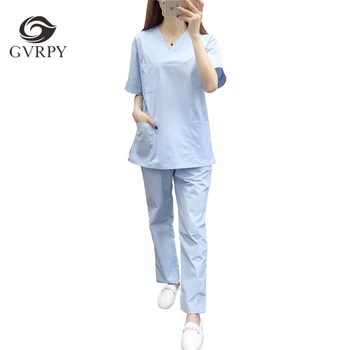 

Blue Nurse Uniform Unisex Short-sleeved Scrub Sets Hospital Beauty Salon Dental Clinic Pharmacy Doctor Work Medical Uniforms