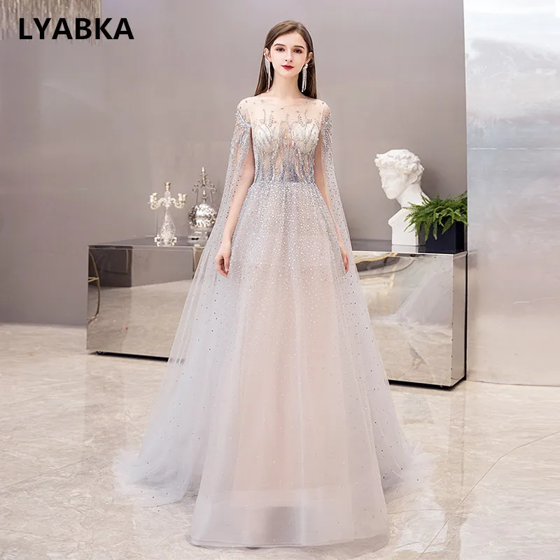LYABKA, роскошные стразы, а-силуэт, вечерние платья, длинное платье, светильник, серое вечернее платье, элегантное торжественное платье, халат De Soiree