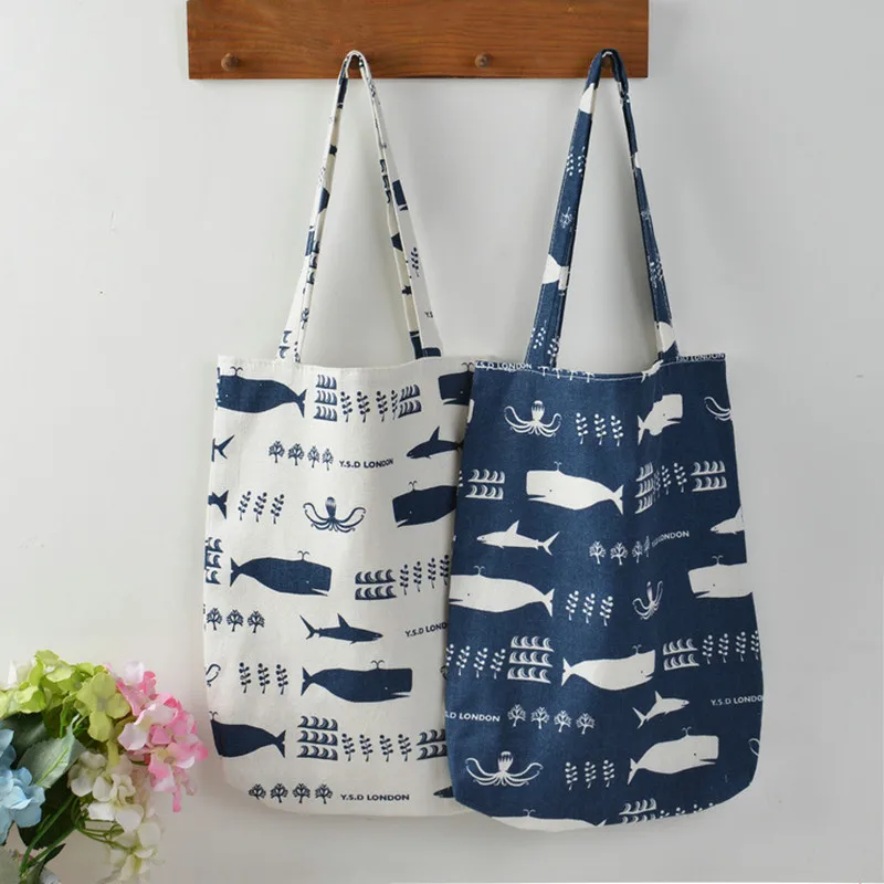

2019 New Whale Octopus Sea Life Shopping Bags Cotton Linen Animals Canvas Women Shopping Tote Bag Carrying Durable Shoulder Bags