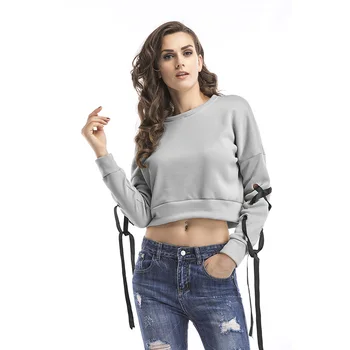 

5511 # Autumn New Loose-Fit Crew Neck Short Lace-up Solid Color Long Sleeve Pullover Hoody Women's 2020 New