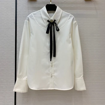 

Elegant White Blouses Women Runway Shirt 2020 Long Sleeve Brand Blouse Tops With Black Tie