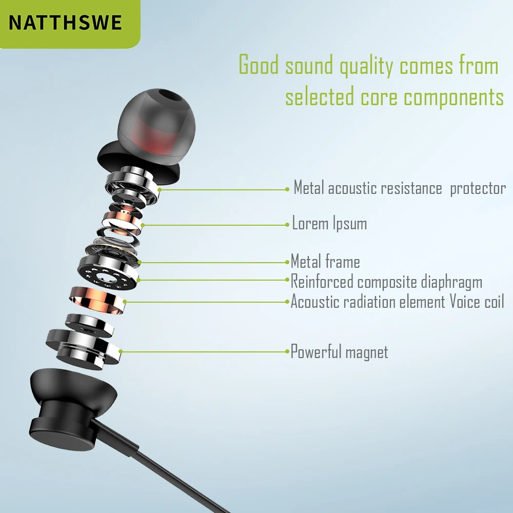 NATTHSWE Bluetooth наушники беспроводные магнитные с микрофоном стерео легкие