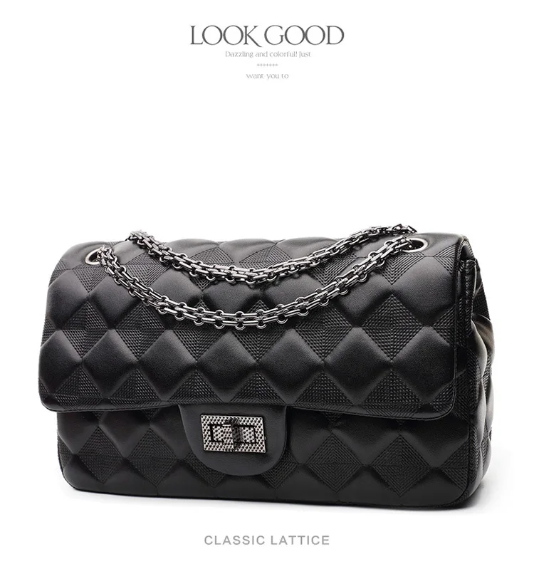 Classic Black Lattice Handbags Womens Bags Luxury Diamond Quilted Lambskin Leather Shoulder Bags Single Chain Crossbody Flap Bag (5)
