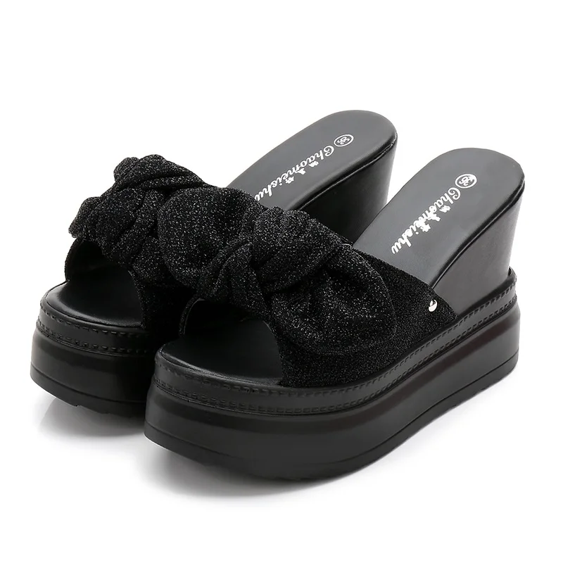 

Sweet Open Toe Outside Wedges Slippers Women Super High Solid Ladies Platform Slides Butterfly-knot Shoes