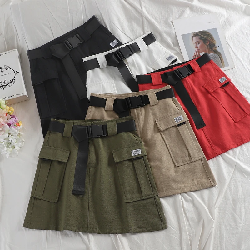 

A Line Zipper Women Mini Cargo Skirts Pockets Sashes Bodycon Solid Ladies Short Skirt 2020 Summer Sexy Black Bottom Female Skirt