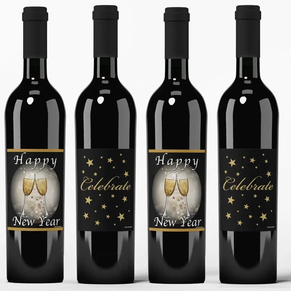 

Omilut 12pcs Wine Labels Happy New Year Wine Labels Black Gold Star Wine Label Decor Merry Christmas Mineral Water Bottle Label