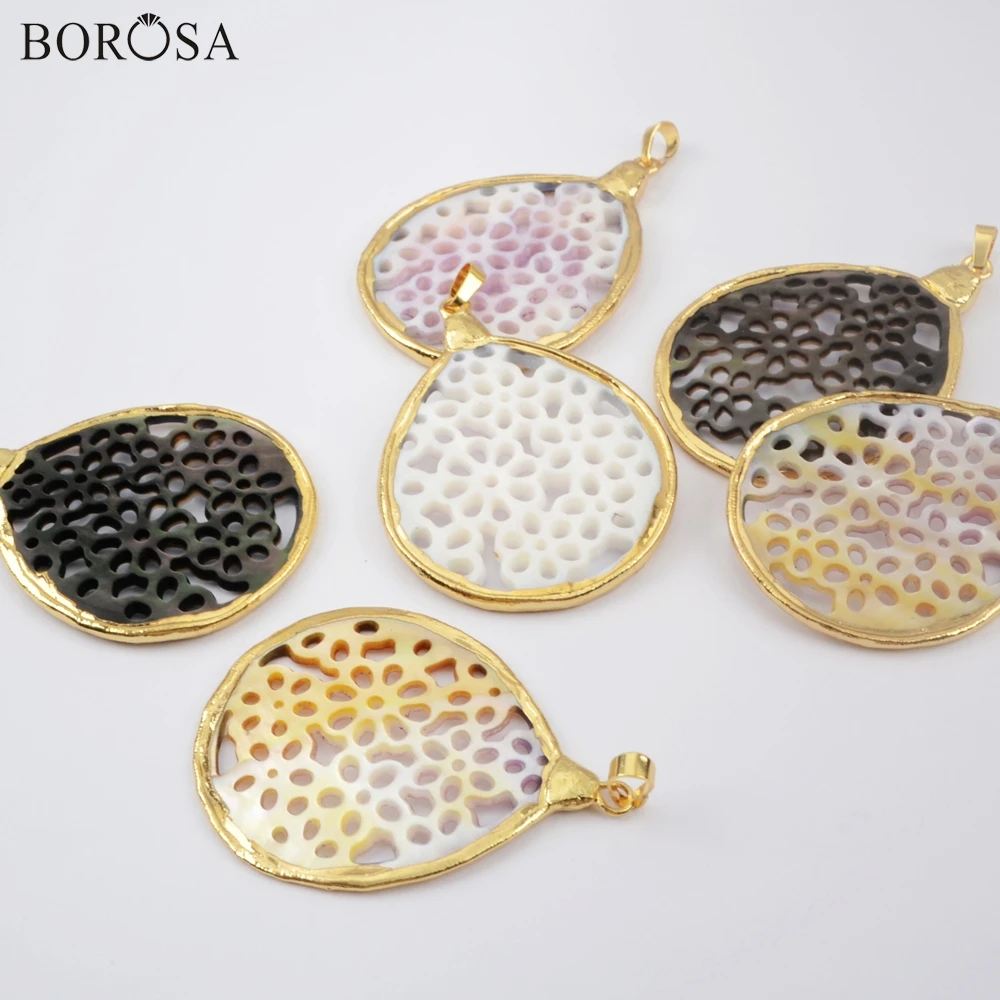 BOROSA 10 шт. позолоченная отделка висячая ручная резная Радужная желтая оболочка кулон перламутровый полый корпус для сережек ювелирные изделия G1899