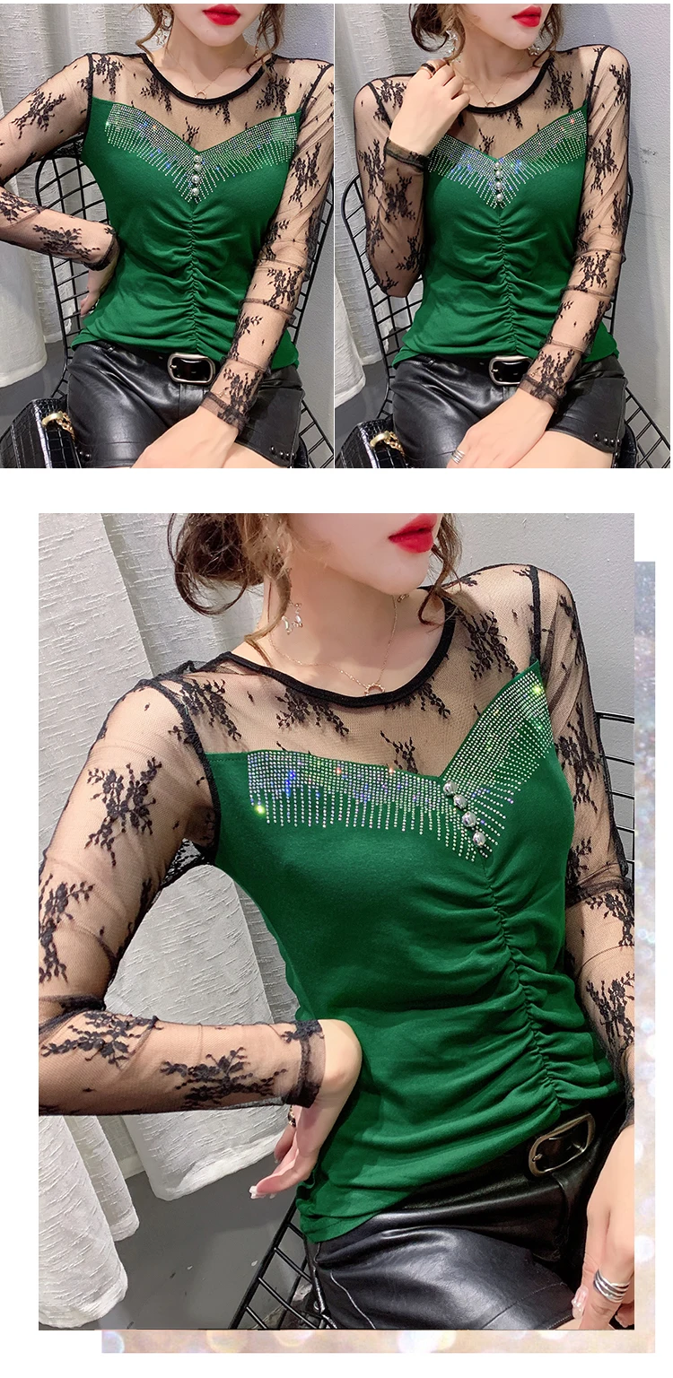 New 2020 Autumn long sleeve Women t-shirts Fashion Sexy hollow out Hot drilling Mesh shirt Plus size womens shirt blusas