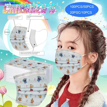 

100PCS Child Kids Disposable Face Masks 3 Layer Anti-Dust Pollution Masks Fabric Meltblown Dustproof Cartoon Animal Mask