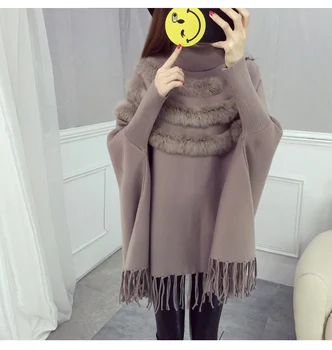 

Luxury Women Turtleneck Thick Cloak Pullovers Fall Winter Batwing Sleeve Knitted Patchwork Rabbit Hair Tassel Cape Loose Sweater