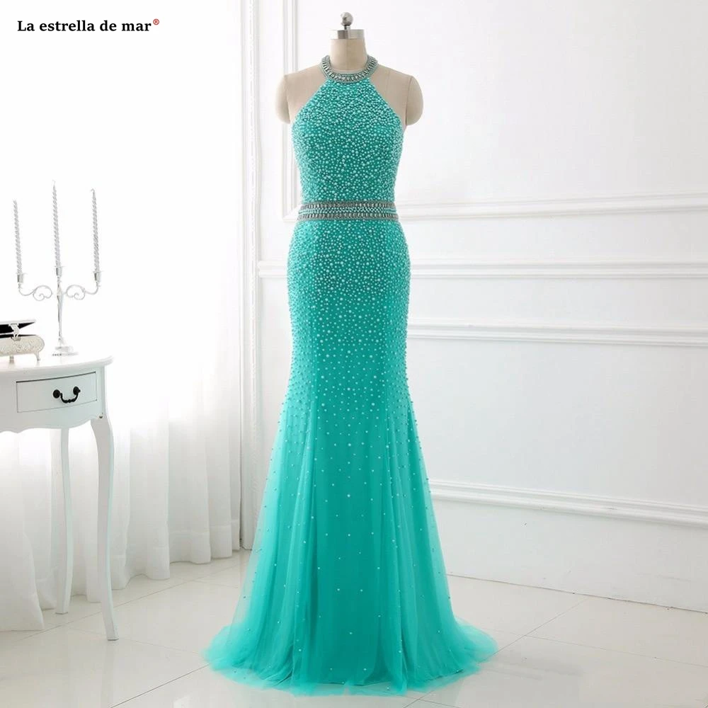 Vestidos de gala, новинка, Тюлевое, Жемчужное, с круглым вырезом, с открытой спиной, бирюзовое, сексуальное, Русалка, платья для выпускного вечера, длинное, торжественное, jurken, mezuniyet, elbiseleri