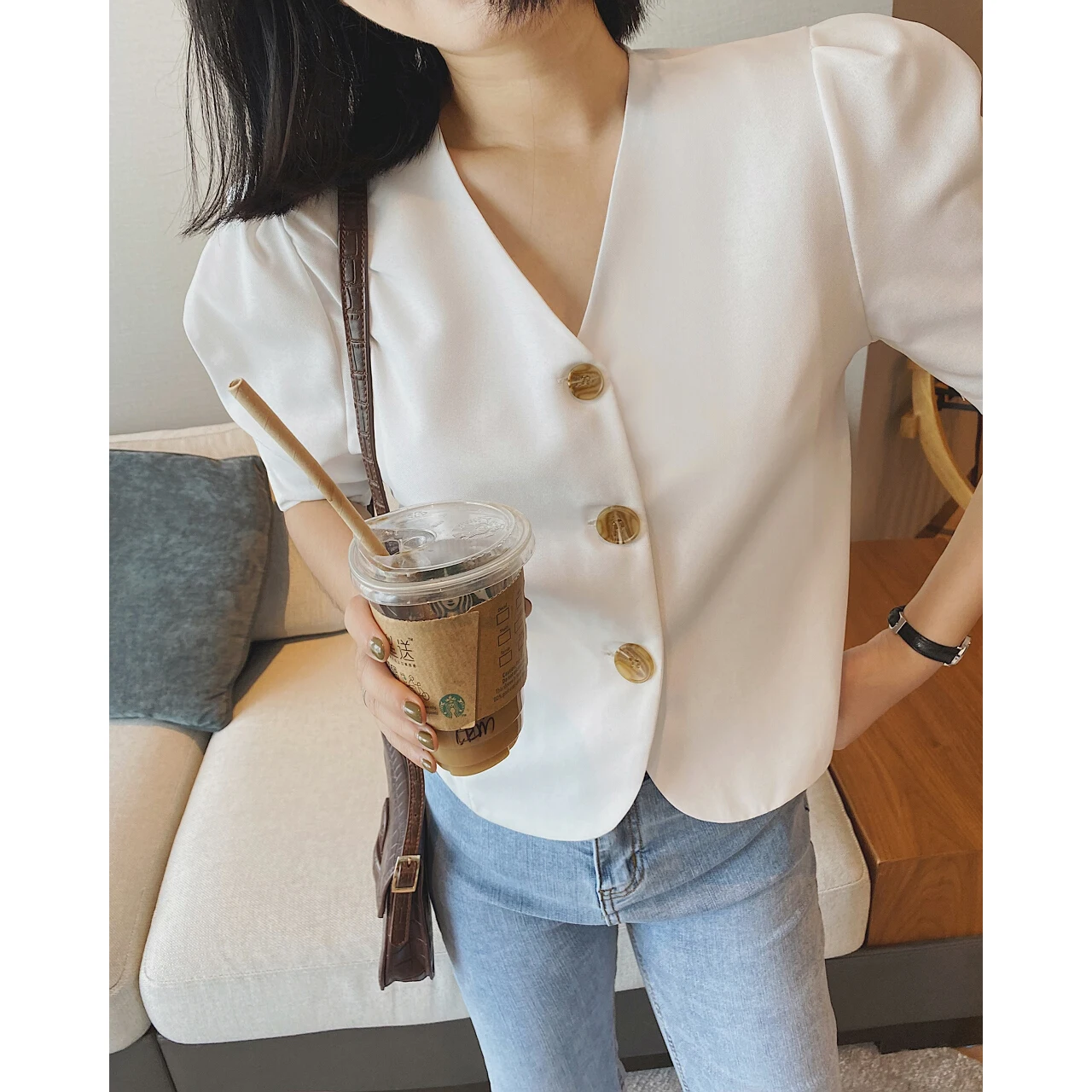 2021 Women's White V Neck Button Up Blouses And Shirts Za Woman Fashion