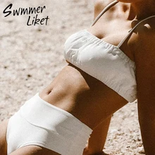 Одноцветный комбинезон с оборками, цельный плиссированный цельный костюм, винтажный боди, Женский бандажный купальник, женское бикини, белый монокини, новинка