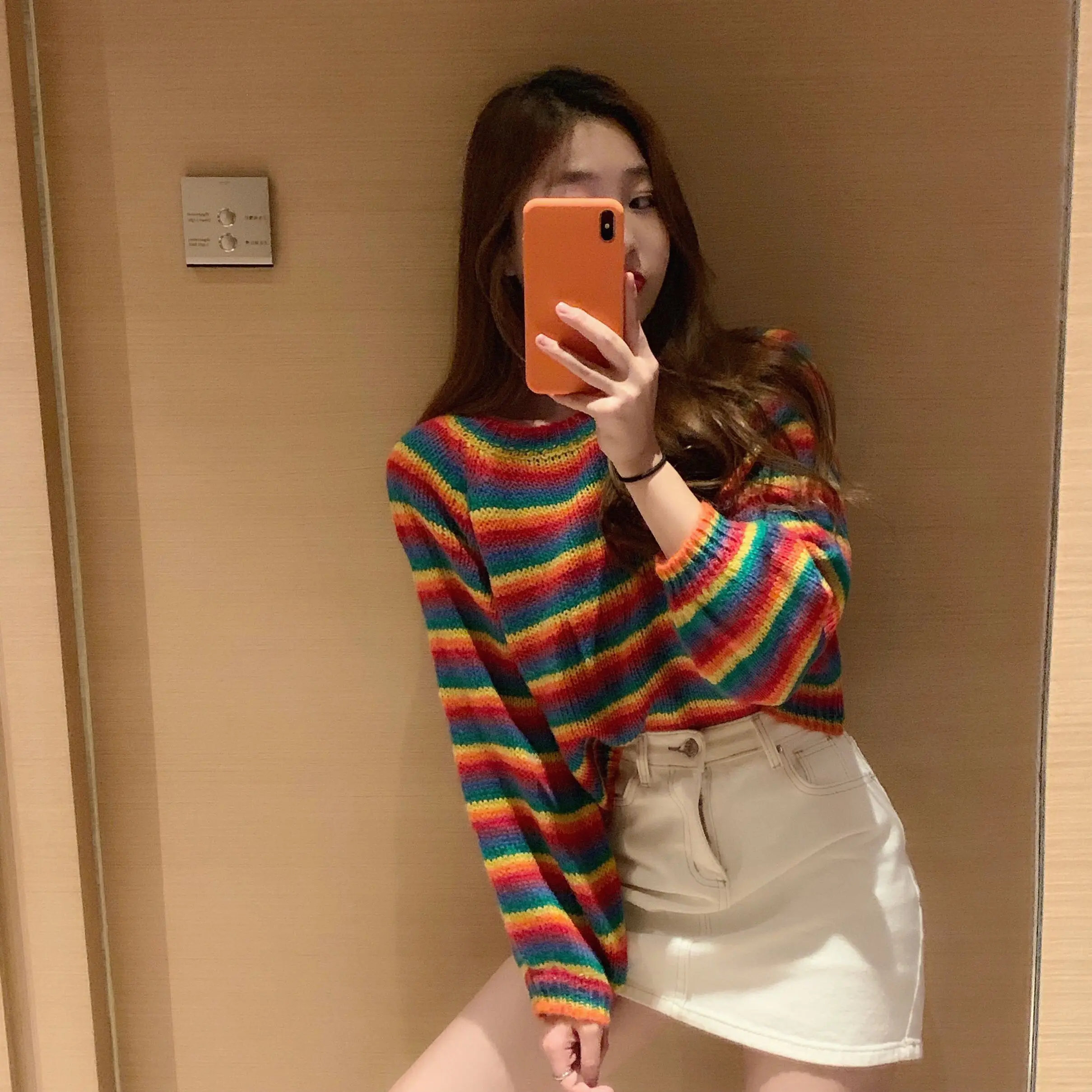 Happy Girl Look Красочный Полосатый Радужный свитер вязаный джемпер женский укороченный топ ретро с пышными рукавами Pull Femme Jersey Mujer
