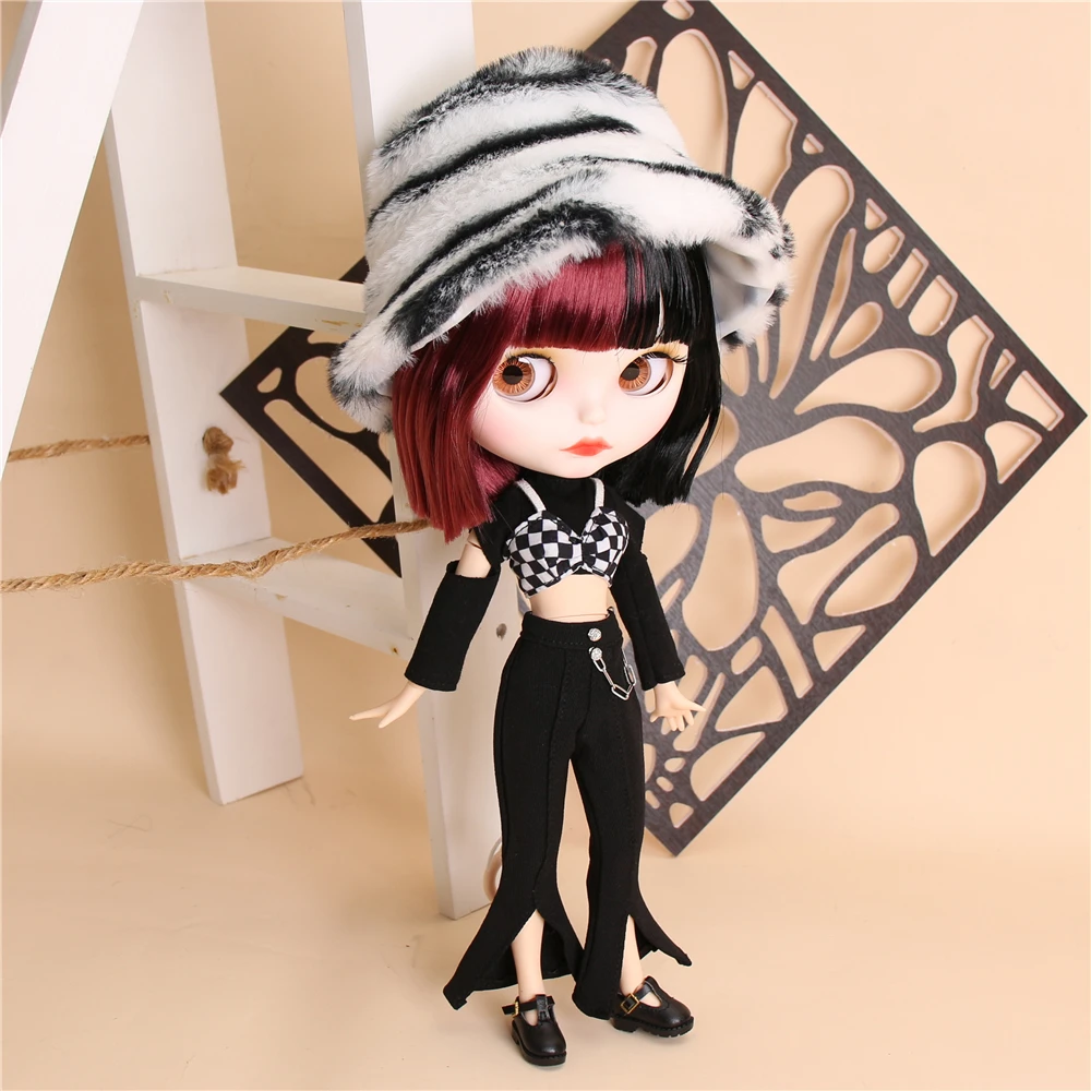 Neo Blythe Doll Cropped Top Shirt Bra with Bell Bottom Pant & Leopard Hat 6