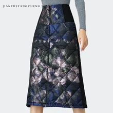 Ретро юбка на утином пуху, женские зимние длинные юбки с цветочным рисунком, утолщенная теплая прямая юбка размера плюс, юбка миди с высокой талией, до середины икры, Jupe
