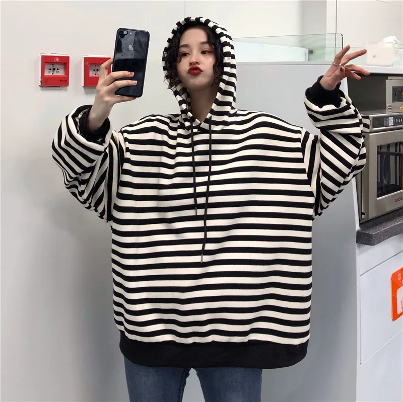 Новинка зимы, корейская мода ulzzang, свободная Ретро толстовка с капюшоном, Женская шикарная полосатая Толстовка Harajuku с круглым вырезом, Повседневная Женская толстовка - Цвет: white