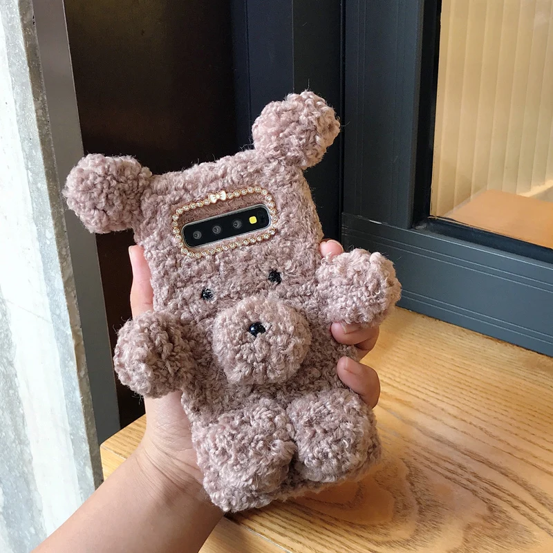 3D чехол с милым плюшевым медведем для samsung Note 10 8 9, теплые пушистые мягкие чехлы с хрустальным окошком для samsung Galaxy S10 S9 Plus
