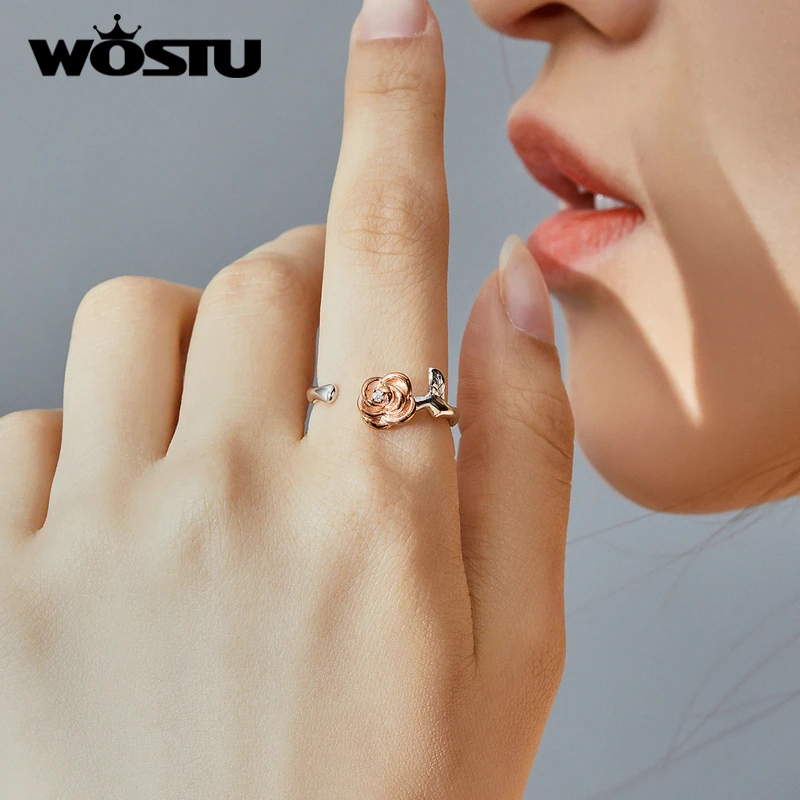 WOSTU, настоящее 925 пробы, Серебряное розовое золото, кольца в виде цветка, кольцо для женщин, обручальное кольцо, роскошные ювелирные изделия BSR096