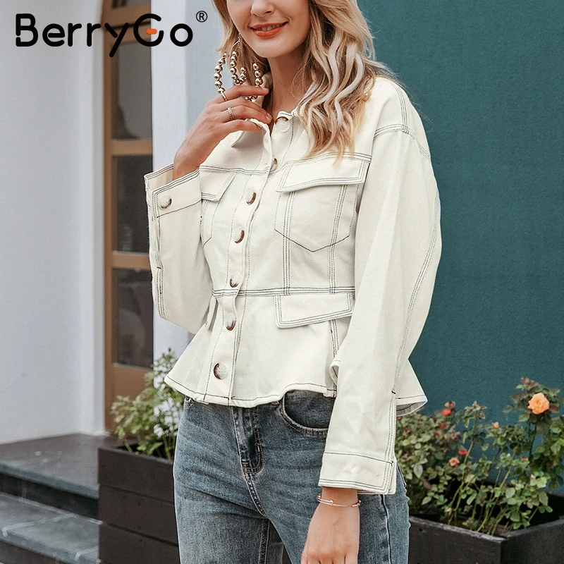 BerryGo элегантные женские джинсовые куртки с длинным рукавом Осенняя женская верхняя одежда хлопковая куртка с высокой талией пуговицы офисные женские белые пальто