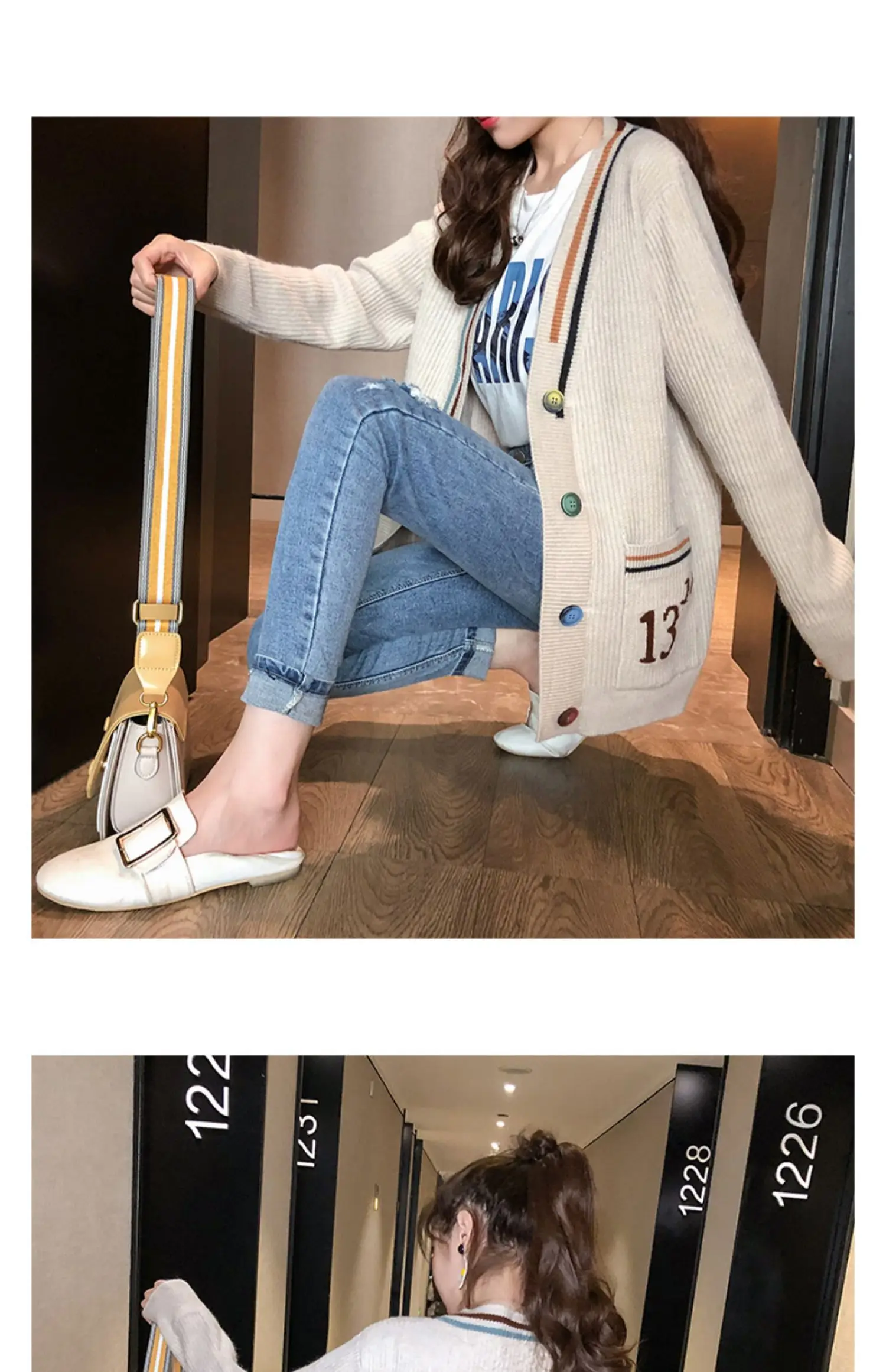 V-neck sweater coat female autumn outfit new han edition easy lazy wind plus a fairy joker knitted cardigan
