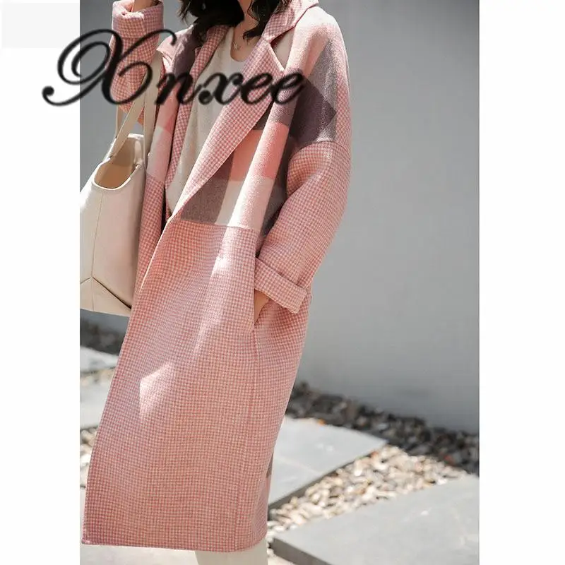 

New Autumn and Korean Chequered Woolen Overcoat, Long and Medium-length Women's Overcoat, 2019