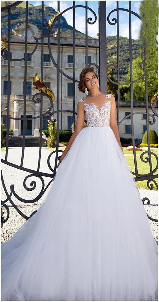 Прозрачная кисея, тюль свадебное платье в стиле бохо Vestidos de Noiva Mariage A Line кружевные аппликации без рукавов Свадебные платья