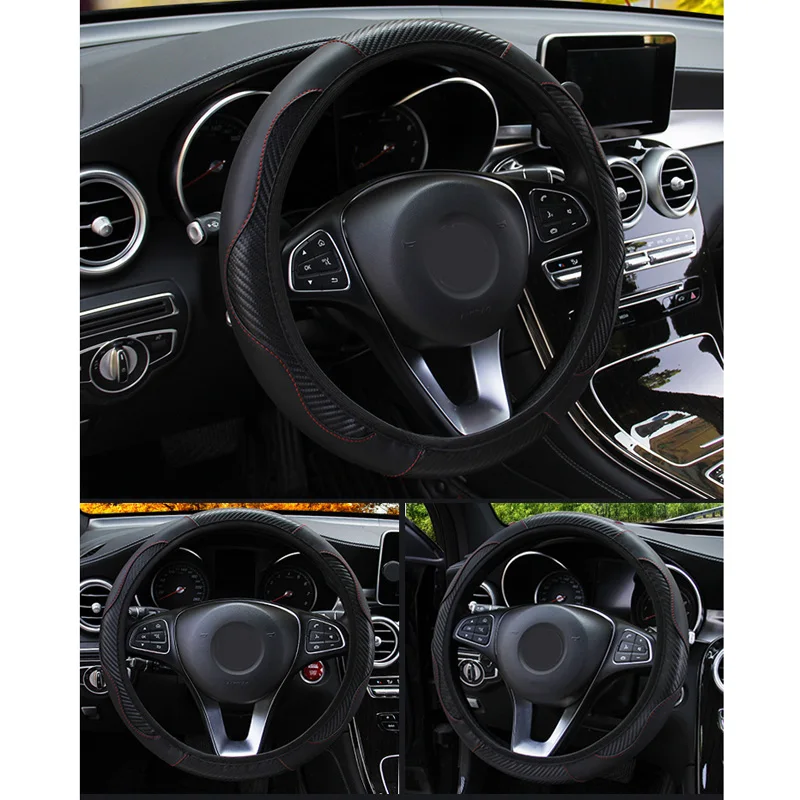 

38cm Car Steering Wheel Cover Round D Shape Carbon Fiber Leather Elastic Black