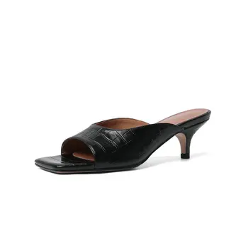 

Shallow Genuine Leather Women slippers Mules 2020 Spring Summer Slingbacks High Heels Pumps Working Casual Shoes Woman Heels