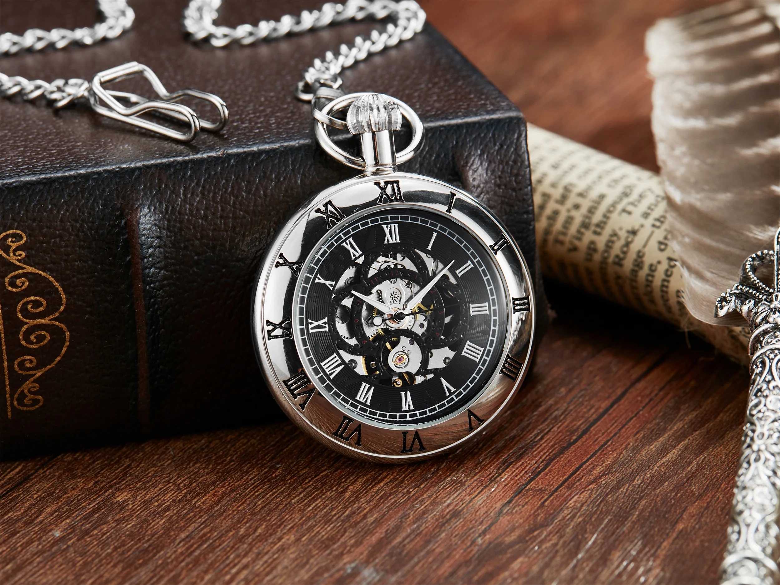 Gorben Mechanical Pocket Watch Men Bronze Skeleton Mechanical FOB Chain Necklace Clock Male Reljo Clock