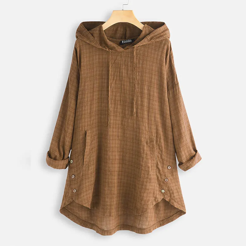 Khaki Модная туника с капюшоном Топы Женская клетчатая блузка ZANZEA Осенняя Повседневная клетчатая футболка Женская Асимметричная блуза с длинными рукавами - Цвет: Khaki